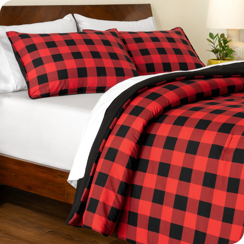 Ensemble d'édredon en duvet synthétique, Édredon pour très grand lit + 2 taies décorativ, Carreauté rouge / noir