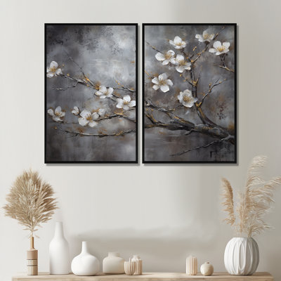 Harmonie II blanc et cerisier Blossum blanc - grand art mural floral 2 panneaux