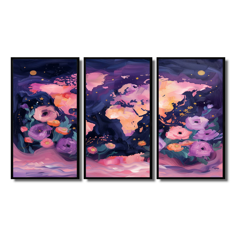 Carte mauve rose du monde Blooms II, Toile avec cadre flottant noir, H 12 po x l 28 po x P 1 po