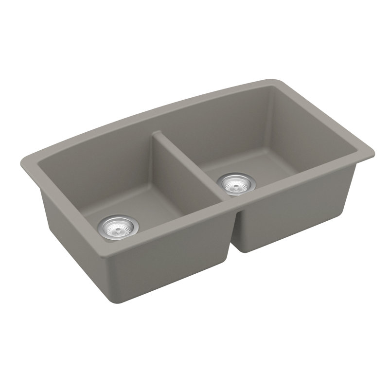 Karran Undermount Quartz Composite 32-1/2'' X 19-1/2'' 50/50 Double Bowl Kitchen Sink, Concrete