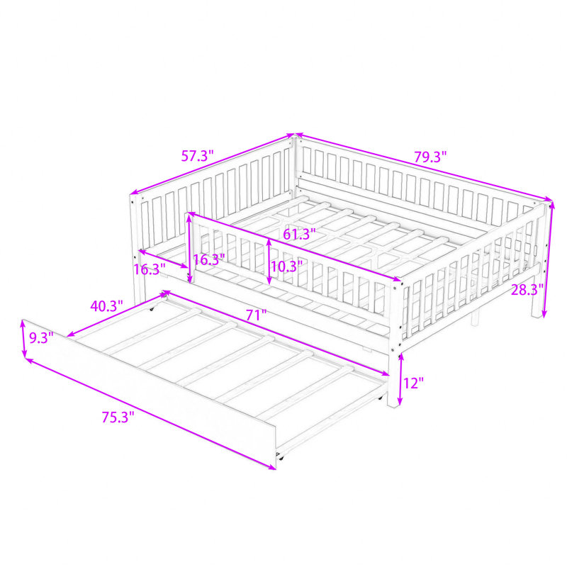 Wood Daybed with Twin Trundle and Guardrails, Natural, Full/Double