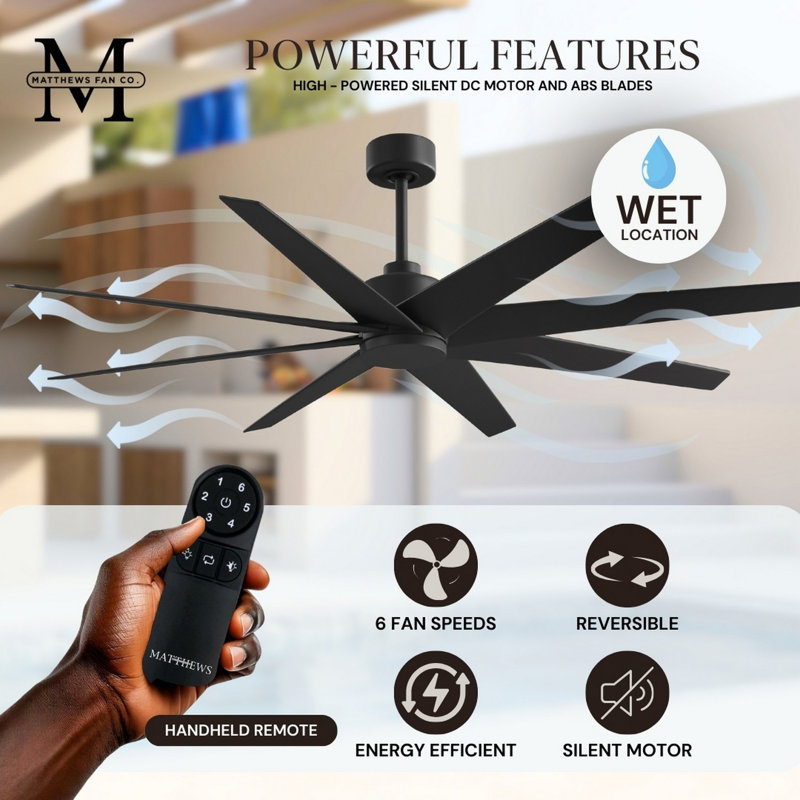 Ariella - Eight Blade Ceiling Fan - Brushed Brass Finish - Matte Black Blades, Matte Black, Matte Black