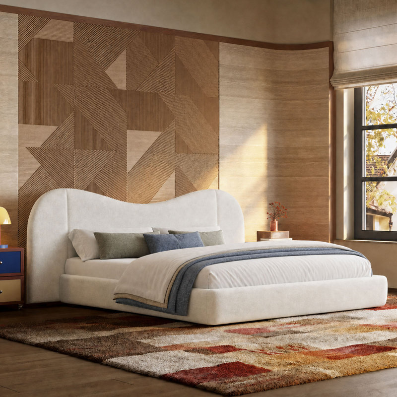 King Size M-Shape Upholstered Bed Frame With Oversized Headboard Off White