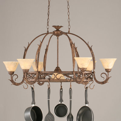 Leaf 8 Light Pot Rack With 8 Hook Shown In Bronze Finish With 7" Italian Marble Glass (Pots Not Included)