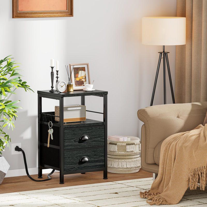 Bedside Nightstands with 2 USB Ports & AC Outlets, 2 Drawers and 2-Tier Open Storage Shelf, Black Oak