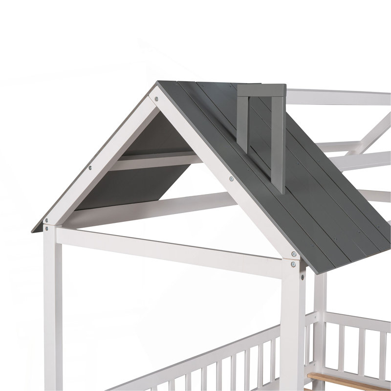 Designer-Inspired Twin Size Wood House Bed With Fence, White/Gray