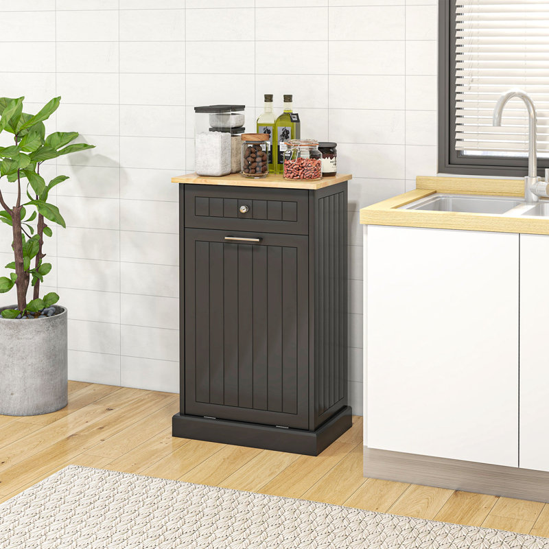Black Wooden Kitchen Storage Cabinet with Light Wood Top