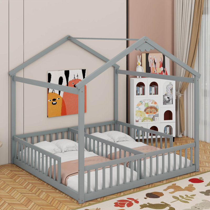 Double lit simple de style maison avec clôture, Gris