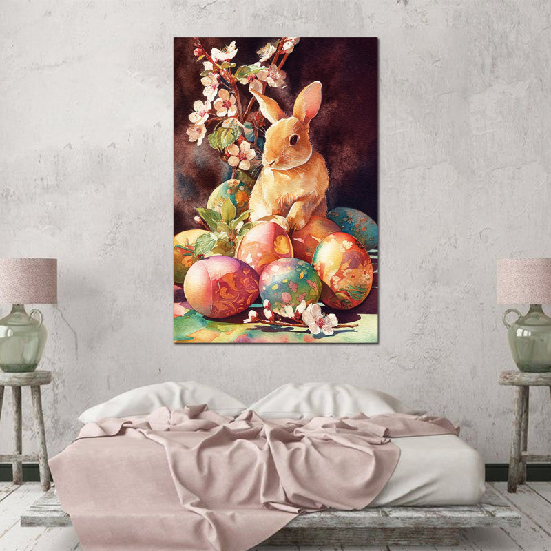  Art mural sur toile grand lapin de Pâques - Décoration murale lapin de printemps vibrant avec œufs et fleurs de Pâques, parfait pour la décoration murale de Pâques et les décorations saisonnières, 28 po x 40 po