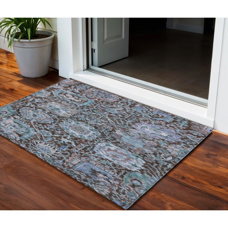 3' X 5' Chocolate And Aqua Damask Washable Indoor Outdoor Area Rug