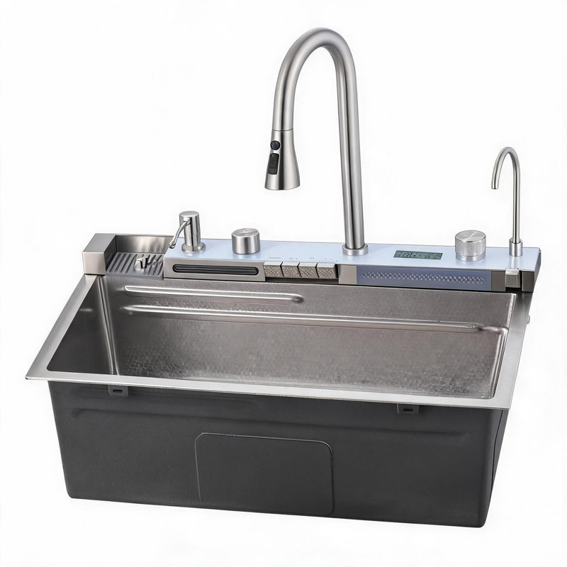 Évier de cuisine à cuve en acier inoxydable gris foncé, 76 cm x 46 cm x 23 cm, avec robinet extractible et planche à découper.