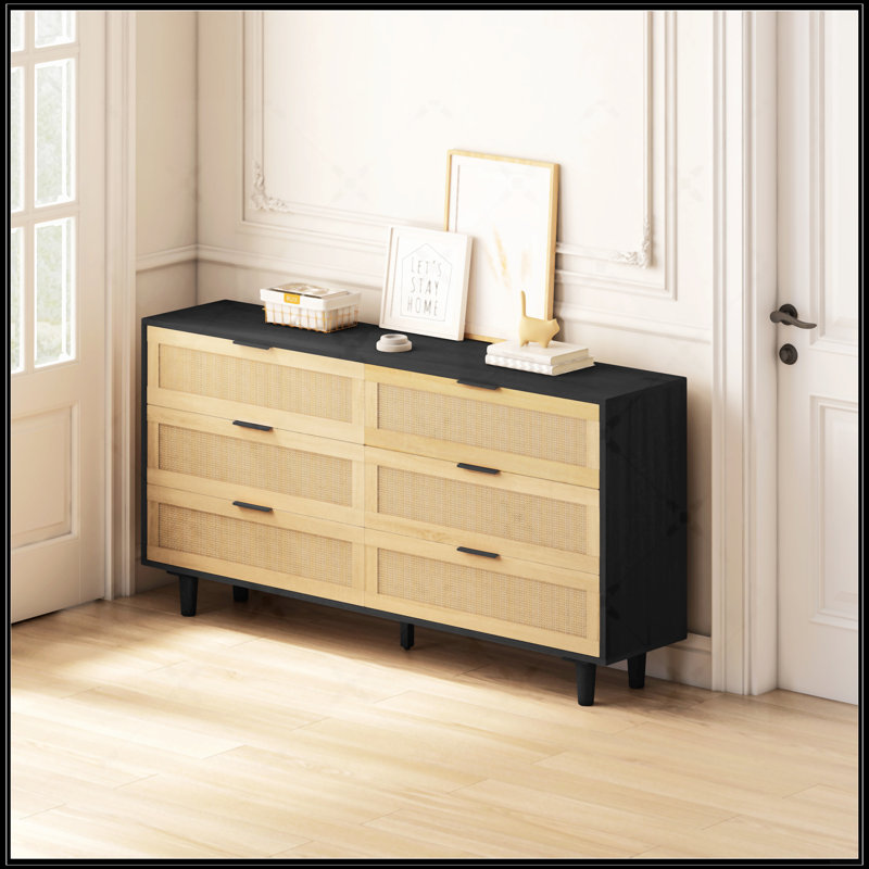 Armoire de rangement 59,6 po à 6 tiroirs avec tiroir en rotin, Noir