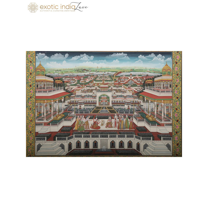 «Jaipur City Palace», peinture miniature - pigment de pierre peint à la main sur papier par Kailash Chandra
