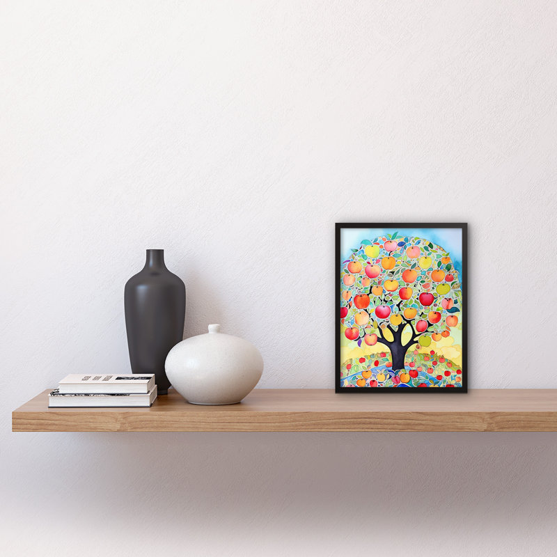 Apple Tree Fruit Harvest Day Folk Art Bright Watercolour Painting Artwork Framed Wall Art Print 9X7 Inch