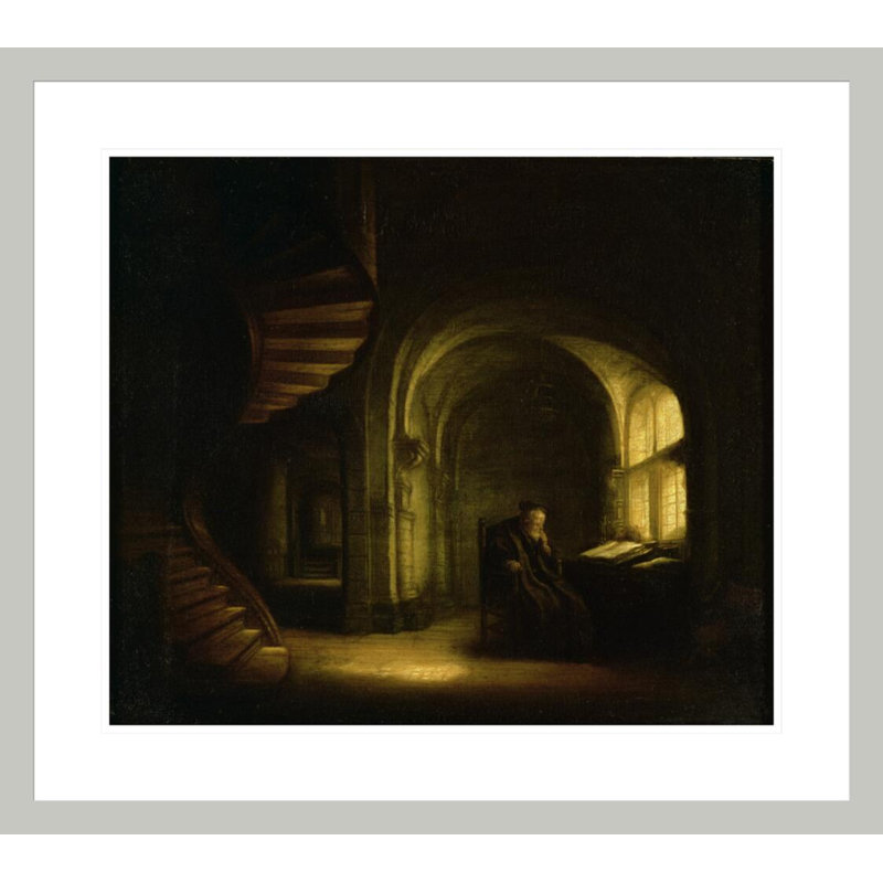 Philosophile avec un livre ouvert par Rembrandt van Rijn - Estampe numérique encadrée, 23.5" H x 26.34" W