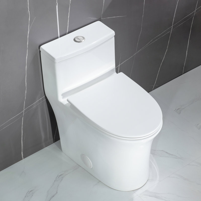 17" Comfort Height One-Piece Elongated Toilet, 0.9/1.28 GPF Dual Flush, MAP 1000g Powerful Siphon Flush, Compact Fully Skirted, Soft Close & Quick-Release Seat, 12" Rough-In, White, BS-S007