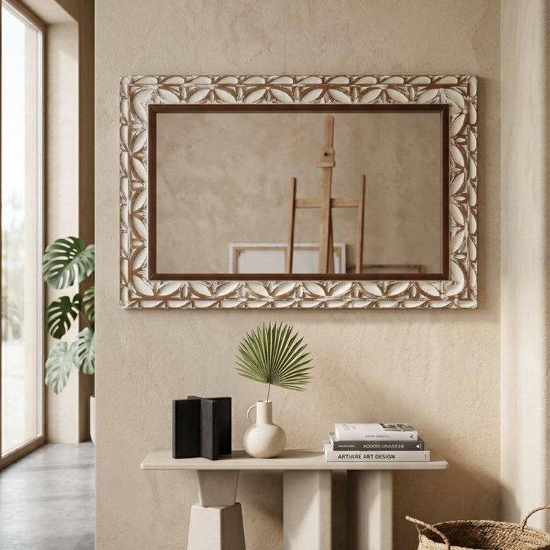 Miroir mural rectangulaire bohème orné de fleurs en relief et de feuilles sculptées