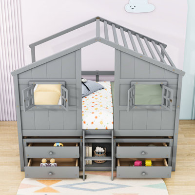 4 Drawers Full Wooden House Loft Bed With Guardrails And Ladder, House-Shaped Design