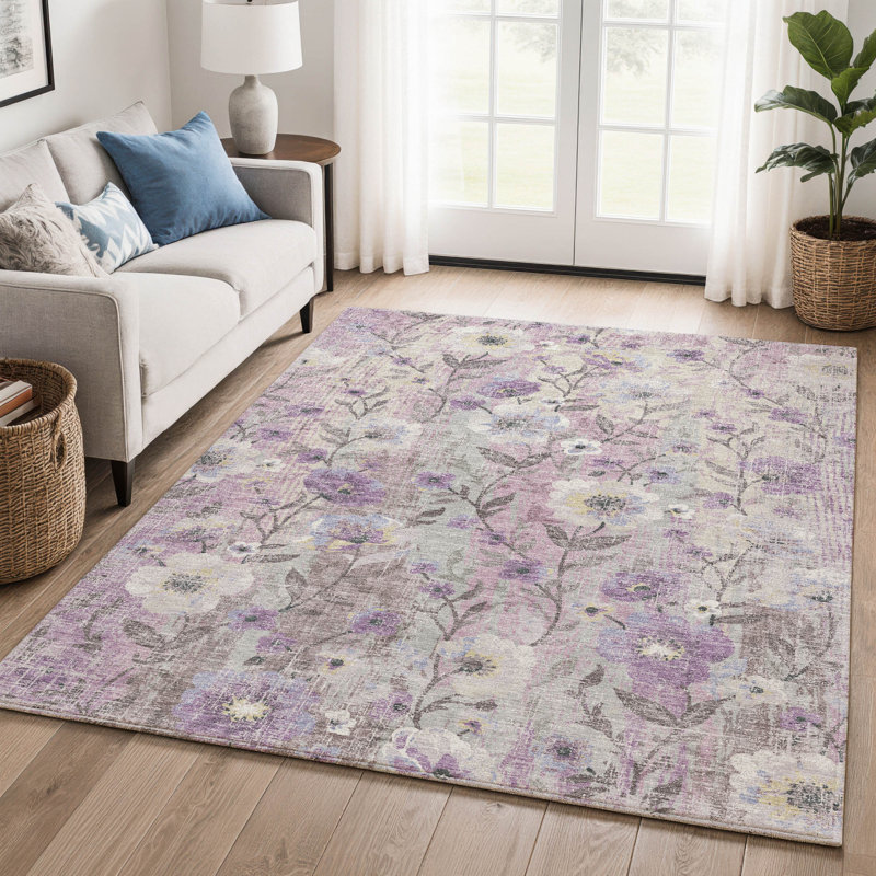 Tapis floral lavable à la machine de qualité supérieure AMF2403, Lilas, 8 pi x 10 pi