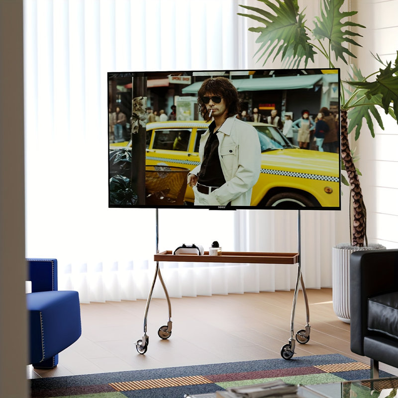 Meuble télé universel avec roulettes à 360 °, chariot à roulettes ajustable pour téléviseurs de 43 à 70 pouces, cadre en acier inoxydable avec tablettes en bois noir, rangement ouvert, utilisation multi-scène pour la maison et le bureau