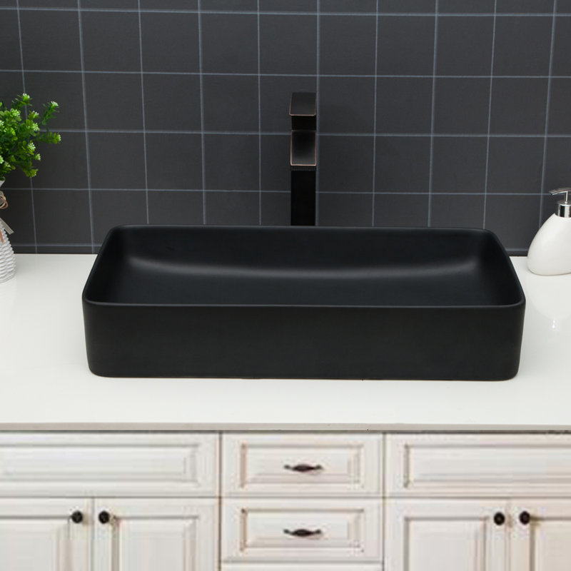 Lavabo vasque rectangulaire en céramique noire de 24 po x 13,5 po pour salle de bain, conception classique en arc, conception acide et à faible entretien avec arc, absorption des taches
