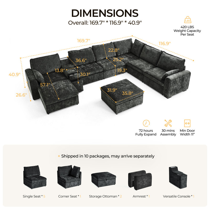 Olar U-shaped 8-seater Oversized Modular Sofa Set Chenille Cloud Couch With Versatile Console, Side Table With Charging Storage Cup Holder