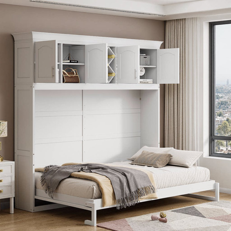 Grand lit escamotable gris avec armoires supérieures et porte-bouteilles - Solution murale peu encombrante, Blanc