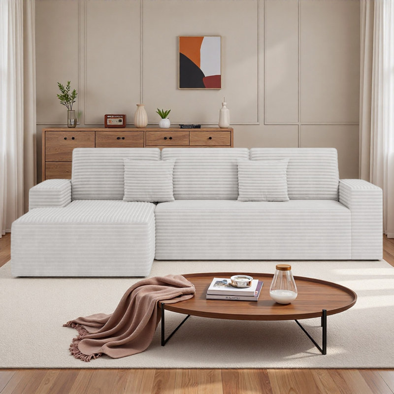111" Modular Sectional Sofa With L-Shaped Chaise, No Assembly Required, White Corduroy