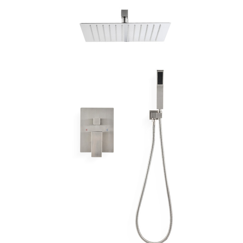 Brushed Nickel Ceiling Mounted Shower With 10" Head & Handheld - Simulates Natural Rainfall, Self-Cleaning Nozzle, Fits American Standard Pipe Installation Specifications, Wall In And Creates
