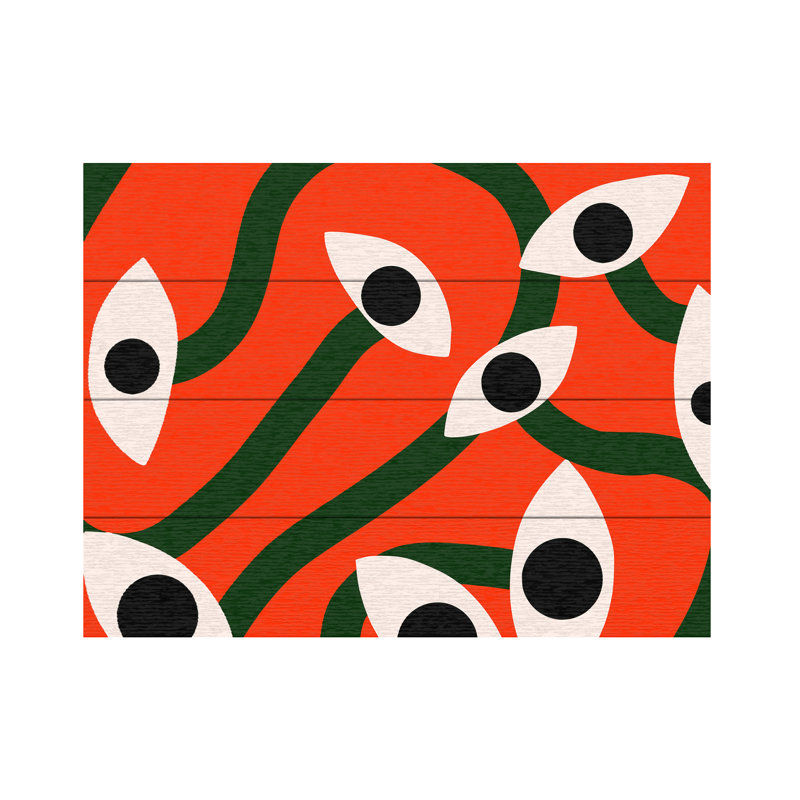 Little Dean  Evil Eyes Blossom In Red Wood Slat Art, H 12 po x l 16 po