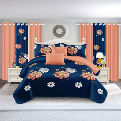 Queen Size Comforter Set 9 Pieces, All Season Luxury Bed in a Bag for Bedroom, With Matching Curtains, Soft Microfiber, Orange Flower