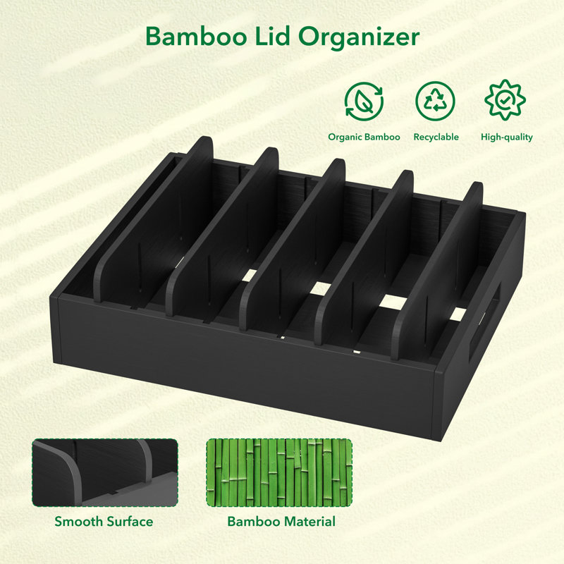 Bamboo Lid Organizer with 5 Adjustable Dividers, Food Storage Container Lid Holder for Kitchen Cabinet & Pantry, Black