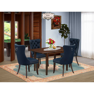 5-Piece Mahogany Finish Solid Wood Top - Rectangular Dining Room Set with Butterfly Leaf - Seats 4