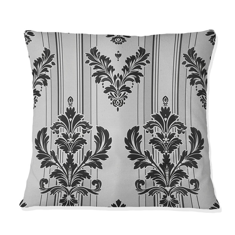 Motif damassé noir à fines rayures - Coussin moderne, H 16 po x l 16 po
