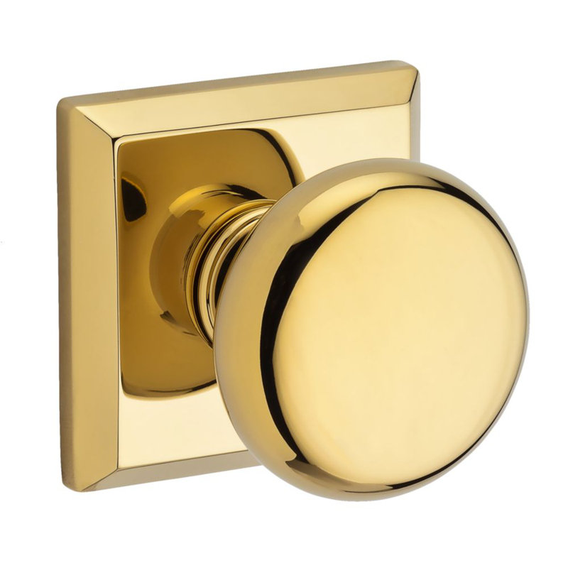 Baldwin Round Door Knob with Traditional Square Rose, Polished Brass, Passage (Hall & Closet)