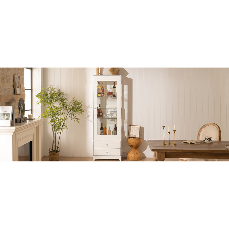 71'' Freestanding Display Cabinet With 5 Colors Led Ceiling , Upholstered Pantry, 2 Storage Drawers, Wine Cabinet, Glass Door, Adjustable Shelves, 180° Panoramic View For Livingroom Arrangement -