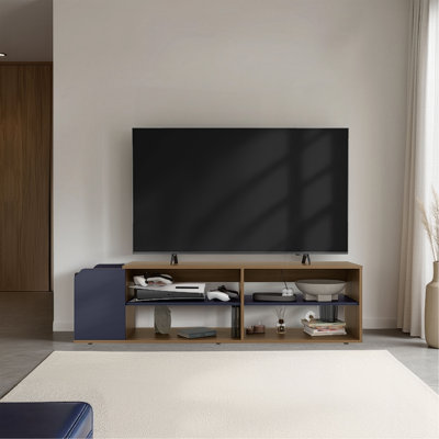 Meuble télé Solene avec tablettes ouvertes pour divers espaces de rangement modernes, console média pour le salon, chêne naturel, bleu