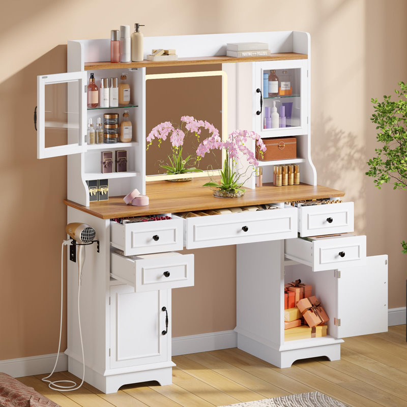 Vanity Desk with LED Lighted Mirror, Makeup Vanity Table with 5 Drawers, 4 Doors, and 3 Storage Shelves for Bedroom, Dressing Room, White