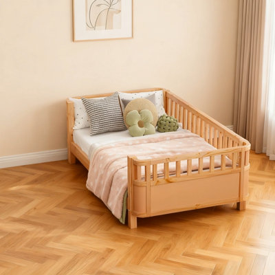 Lit plateforme simple en bois pour enfants, lit simple en bois à profil bas avec rails pour filles et garçons, naturel (conception brevetée)