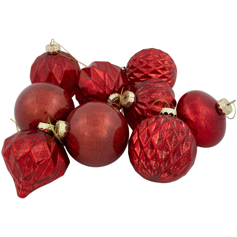 9Ct Red Textured Christmas Glass Ball Ornaments 3" (80Mm)