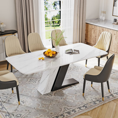 Table de salle à manger rectangulaire moderne en pierre frittée blanche avec base en forme de Z