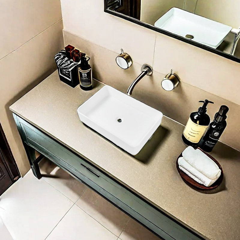 Lavabo de salle de bain rectangulaire en céramique 16 po APRESSHUI, Blanc