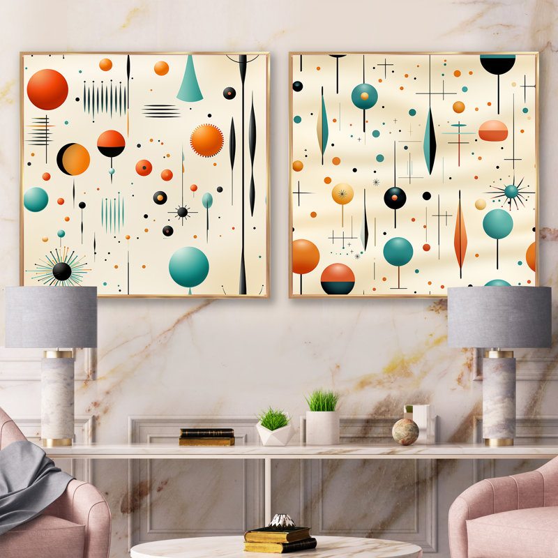Matrice géométrique moderne rétro beige - ensemble de 2 collages de formes abstraites carrées, Cadre flottant doré