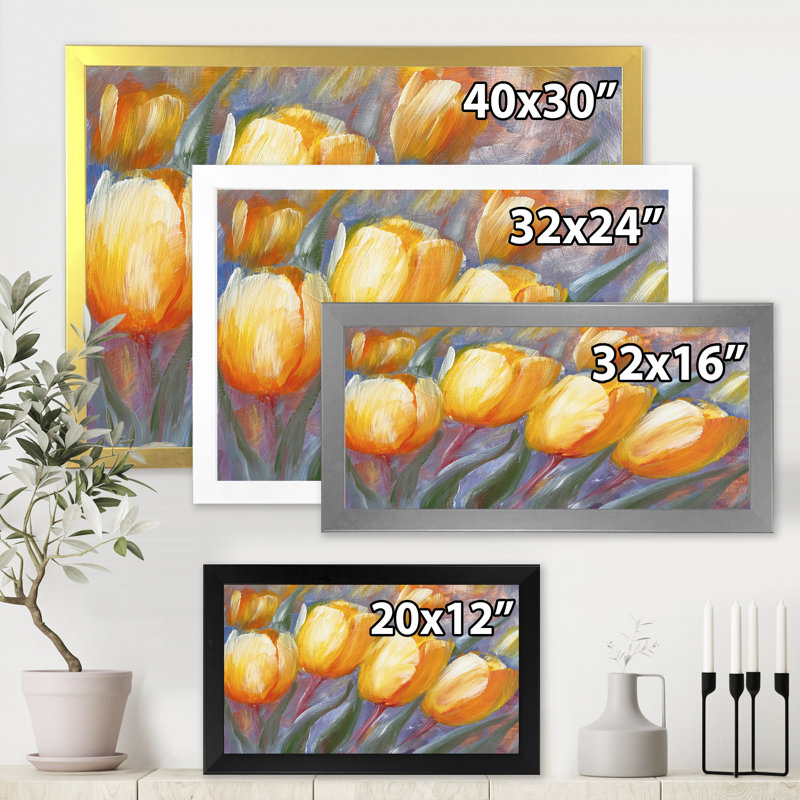 Tulipes jaunes en fleurs - Peinture sur toile, Cadre blanc, H 30 po x l 40 po x 1,5 po
