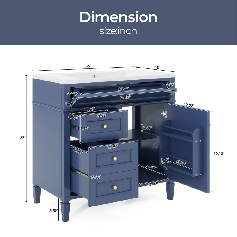 Meuble-lavabo simple 36 po avec plateau en résine Dekari, Bleu