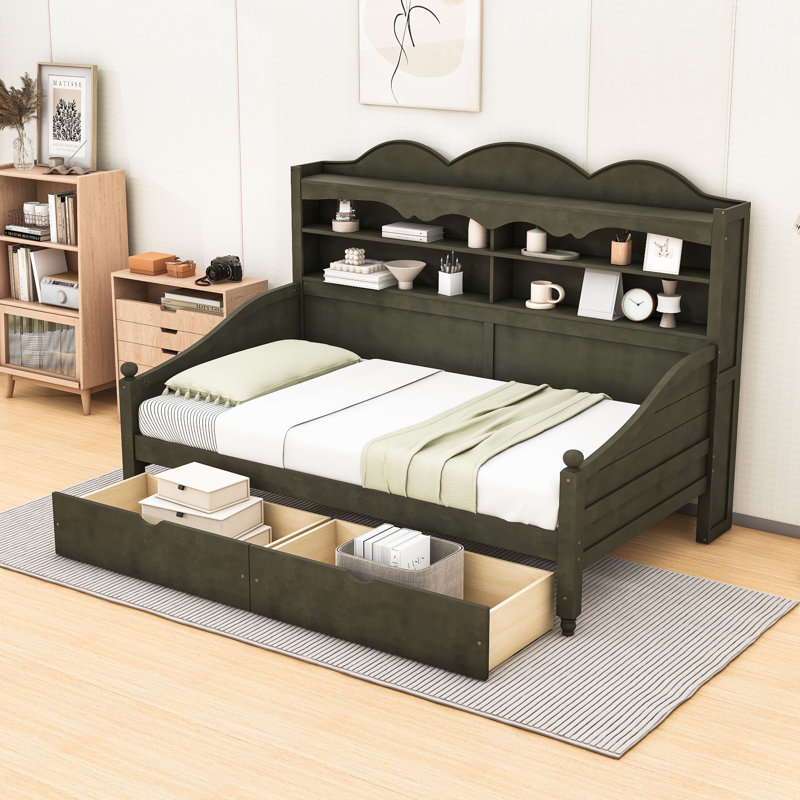 Daybed With Storage Drawers and Shelves, Antique Gray