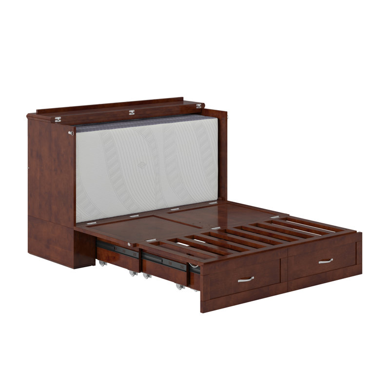 Atiyah Murphy Bed Chest with 6" Mattress, Storage and Built-in Charger, Walnut, Full/Double