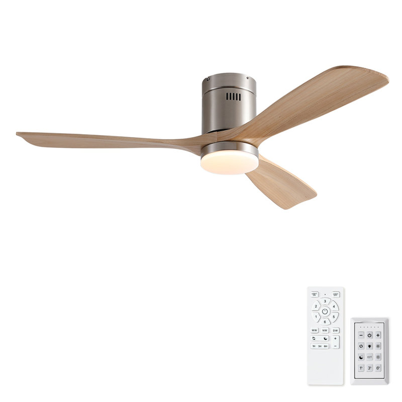 52 inch Mordern Cozy Natural Style Solid Wood Low Profile Flush Mount Intergrated LED Ceiling Fan with Light