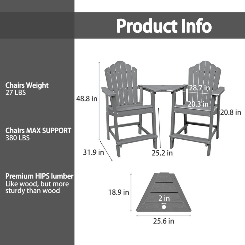 Ensemble de 3 chaises Adirondack de haute taille avec tabourets de bar d'extérieur Albany Albany, gris