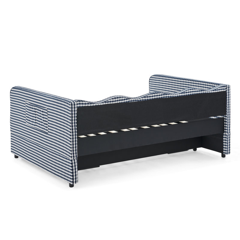 Full-Size Daybed, Gingham Upholstered 3-in-1 Versatile Convertible Sofa Bed with Pull-Out Trundle & Side Storage Pockets
